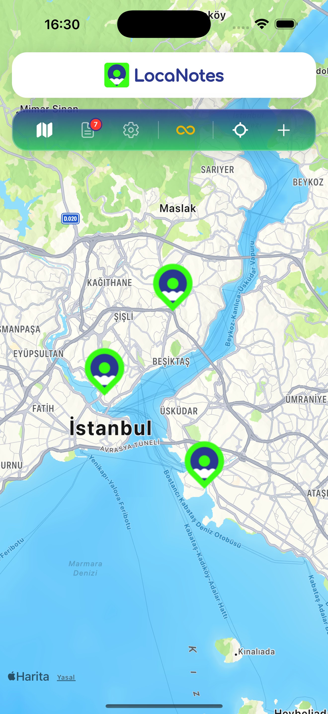 LocaNotes harita ve geofence ekranı